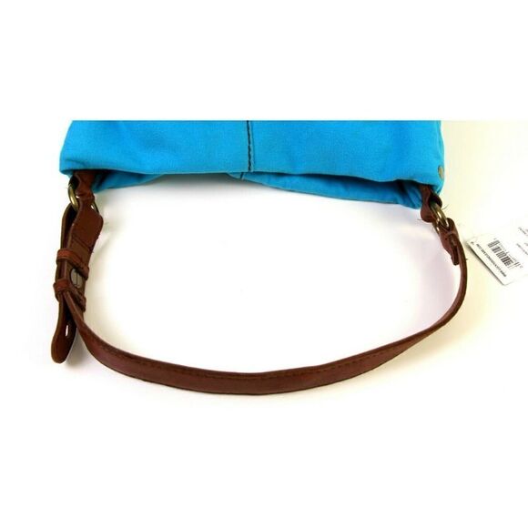 LUCKY BRAND BANDIT FOLDOVER BLUE COTTON BROWN LEATHER TOTE SHOULDER BAG HANDBAG - Picture 9 of 12